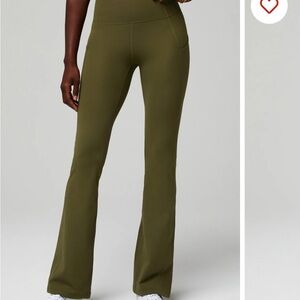 Olive Green High-Waisted Flare Pants with Stretch